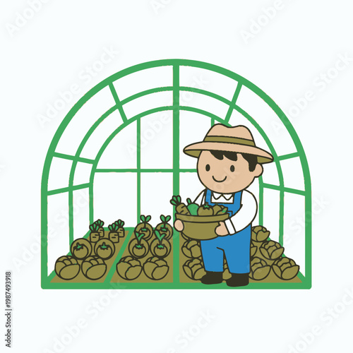 Happy Farmer Harvesting Vegetables in Greenhouse - Cartoon Style