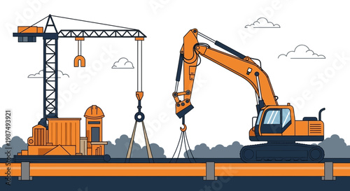 Construction Site Illustration Showcasing Crane, Excavator, and Building Infrastructure Operations