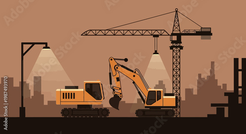 Construction Site Illustration Showcasing Crane, Excavator, and Urban Infrastructure Design Elements