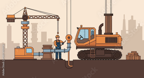 Construction Site Illustration Showcasing Crane, Excavator, and Worker in Action on a Project