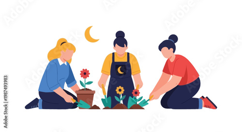 Young Women Gardening at Night with Moonlit Sky