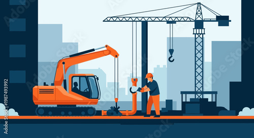 Construction Site Illustration Showcasing Crane, Excavator, and Workforce Collaboration
