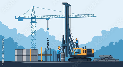 Construction Site Illustration Showcasing Crane, Machinery, and Workers in Progress