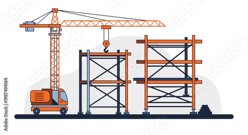 Construction Site Illustration Showcasing Crane, Scaffolding, and Building Development