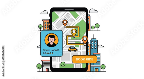 Vector illustration of a mobile smartphone screen displaying a ride booking application for city transit navigation