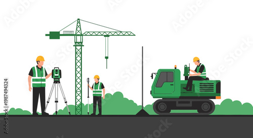 Construction Site Illustration Showcasing Surveying, Crane Operations and Heavy Machinery Activities