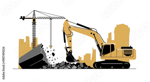 Construction Site Illustration Showcasing Demolition and Modern Engineering Equipment