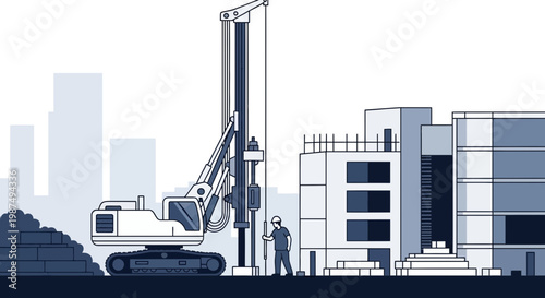 Construction Site Illustration Showcasing Drilling Equipment And Building Frameworks