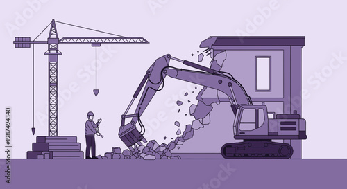Construction Site Illustration Showcasing Demolition Work and Building Progression