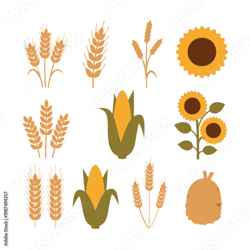 Wheat, Corn, Sunflower and Hay Icons Collection: Harvest and Agriculture Icons