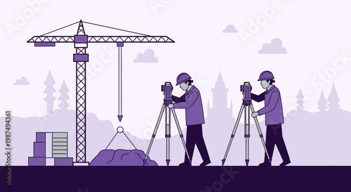 Construction Site Illustration Showcasing Surveyors, Crane, and Building Process