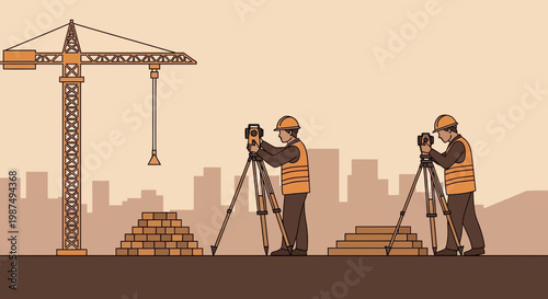 Construction Site Illustration Showcasing Surveyors, Crane, and Brickwork in Progress