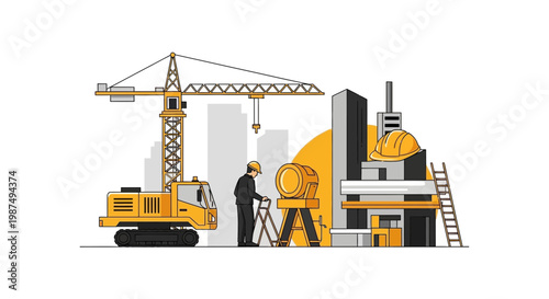 Construction Site Illustration Showcasing Engineering and Modern Building Processes