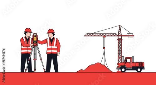 Construction Site Illustration Showcasing Engineers and Building Equipment Working Together
