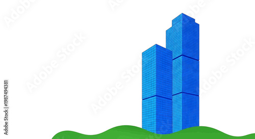 Modern blue pixelated skyscraper towers on a green hilly landscape