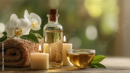Spa composition with orchid, massage oil bottle, candles and herbal tea on wooden table