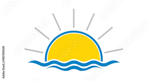 Sunrise or sunset icon, yellow sun rising over blue ocean waves, vector illustration