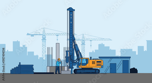 Construction Site Illustration: Urban Scenes Depicting Building Operations with Heavy Machinery
