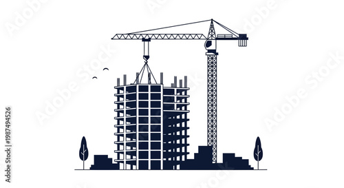 Construction Site Illustration: Tower Crane Building a High Rise Apartment, Silhouette Style
