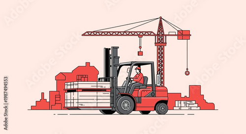 Construction Site Illustration Showcasing Forklift Operation, Buildings, and Crane in Action