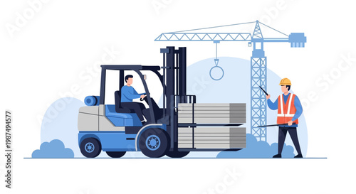 Construction Site Illustration Showcasing Forklift Operation And Building Supervision