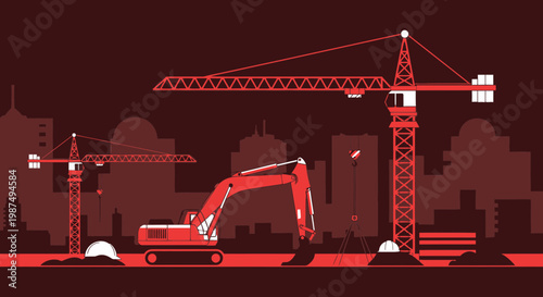 Construction Site Illustration With Cranes And Excavators Against A City Background