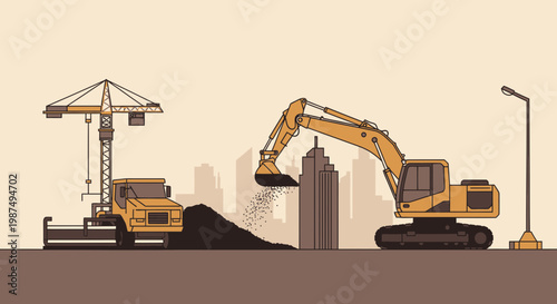 Construction Vehicles in Action, Building a Cityscape with Excavator and Crane Equipment