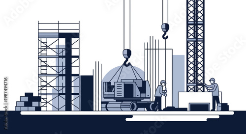 Construction Site: Minimalist Workers, Crane, And Building's Foundation, Flat Design
