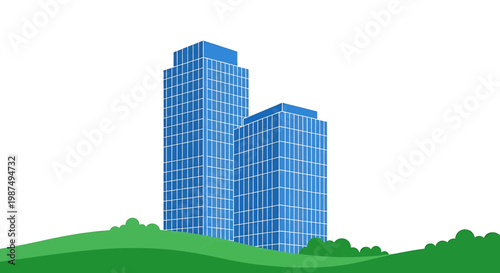 Modern blue glass office buildings on green hills