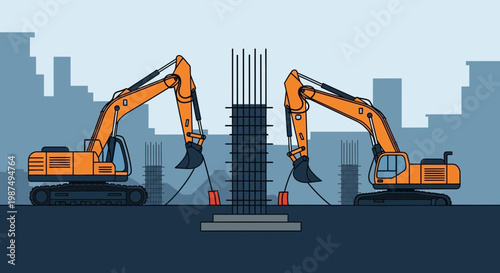 Construction Site Illustration Showcasing Heavy Machinery in Action With A Minimal Style