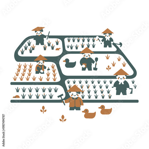 Farmers Working in Rice Field with Ducks, Asian Agriculture Art