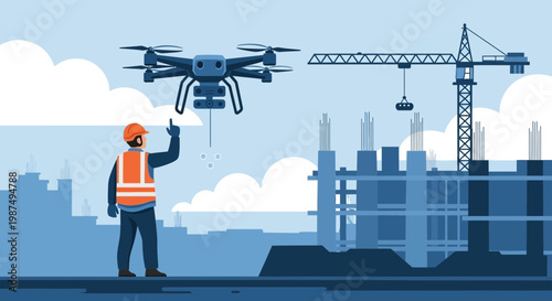 Construction Site Supervisor Directing Drone Operation for Building Inspection Purposes