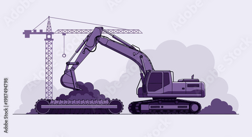 Construction Site Illustration Showcasing Heavy Machinery in Action With Tower Crane Near Work