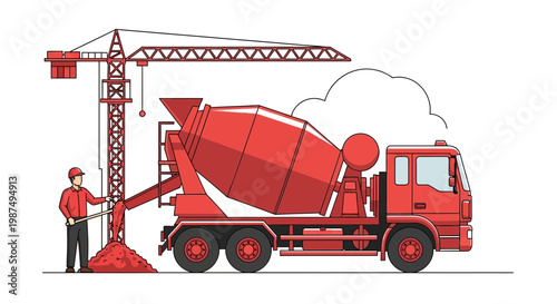Construction Work in Progress: Concrete Mixer Truck, Crane, and Engineer at Site