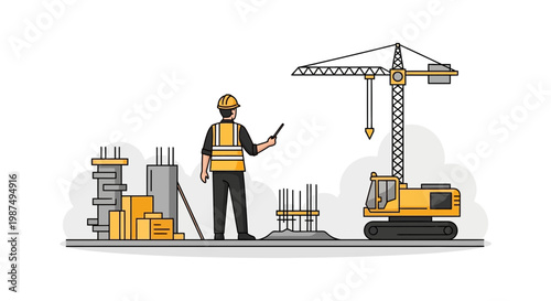 Construction Site Supervisor Inspecting The Project In A Modern And Minimalist Drawing