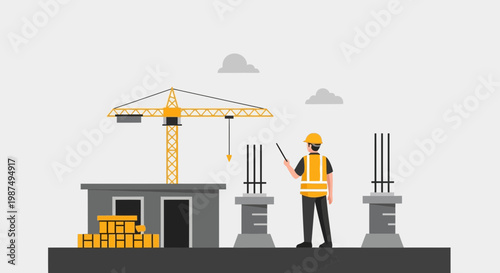 Construction Site Supervisor Inspecting Site, Buildings and Plans, Flat Modern Style Illustration
