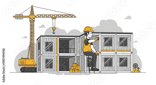 Construction Worker Assembling a Prefabricated Modular Building With Crane Illustration