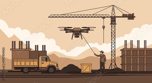 Construction Site Supervisor Using Drone to Lift a Package with Heavy Crane