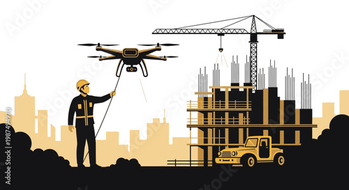 Construction Site Supervisor Using Drone to Inspect Building Development Process In Cityscape