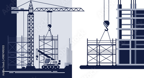 Construction Site Illustration Showcasing Modern Building Techniques and Heavy Equipment