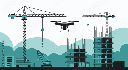 Construction Site Illustration Showcasing Modern Building Techniques and Drone Technology