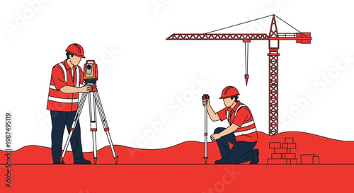 Construction Site Workers Performing Field Work and Surveying Operations with a Crane