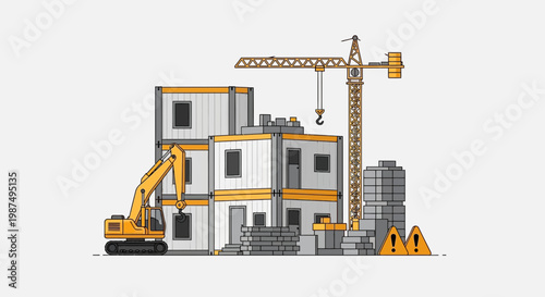 Construction Site Illustration Showcasing Modern Building Technology and Equipment