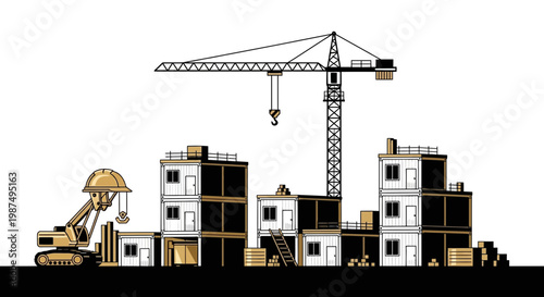 Construction Site Illustration Showcasing Modern Building Techniques and Urban Development