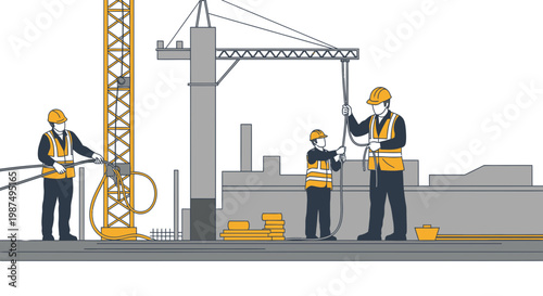 Construction Site Workers Supervising And Building Structures, Industrial And Project Focus
