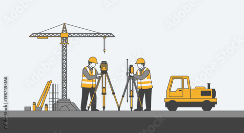 Construction Site Workers Using Surveying Equipment and Crane in Progress on New Project