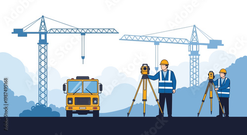 Construction Site Workers Supervising With Theodolites With A Crane And A Yellow Truck