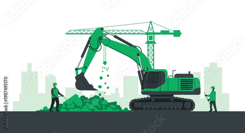 Construction Site Illustration Showcasing Modern Equipment and Dedicated Employees Working Together