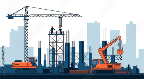 Construction Site Illustration Showcasing Modern Equipment and Infrastructure Development