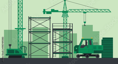 Construction Site Illustration Showcasing Modern Equipment and Infrastructure Development